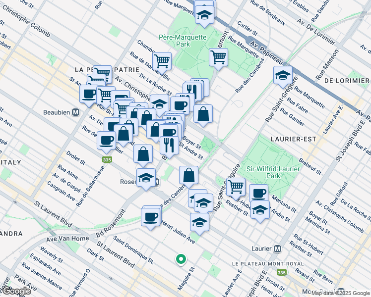 map of restaurants, bars, coffee shops, grocery stores, and more near 5722 Saint Andre Street in Montreal