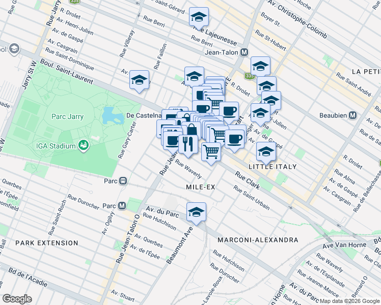 map of restaurants, bars, coffee shops, grocery stores, and more near 7145 Rue Saint-Urbain in Montréal