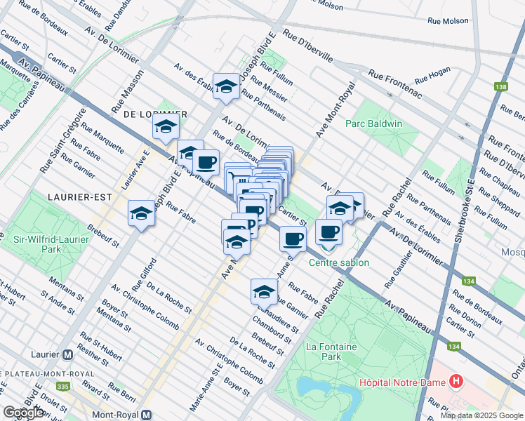 map of restaurants, bars, coffee shops, grocery stores, and more near 1809 Avenue du Mont-Royal Est in Montréal
