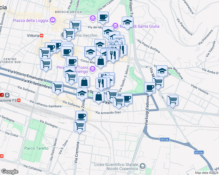map of restaurants, bars, coffee shops, grocery stores, and more near 6 Via Antonio Callegari in Brescia