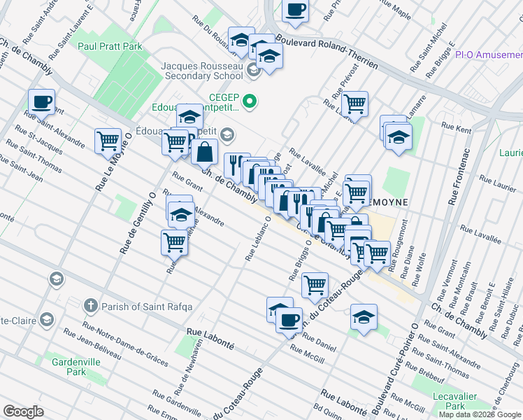 map of restaurants, bars, coffee shops, grocery stores, and more near 1116 Chemin de Chambly in Longueuil