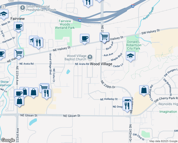map of restaurants, bars, coffee shops, grocery stores, and more near 1404 Northeast 236th Avenue in Wood Village