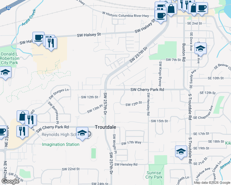 map of restaurants, bars, coffee shops, grocery stores, and more near 1189 Southwest Livingston Place in Troutdale