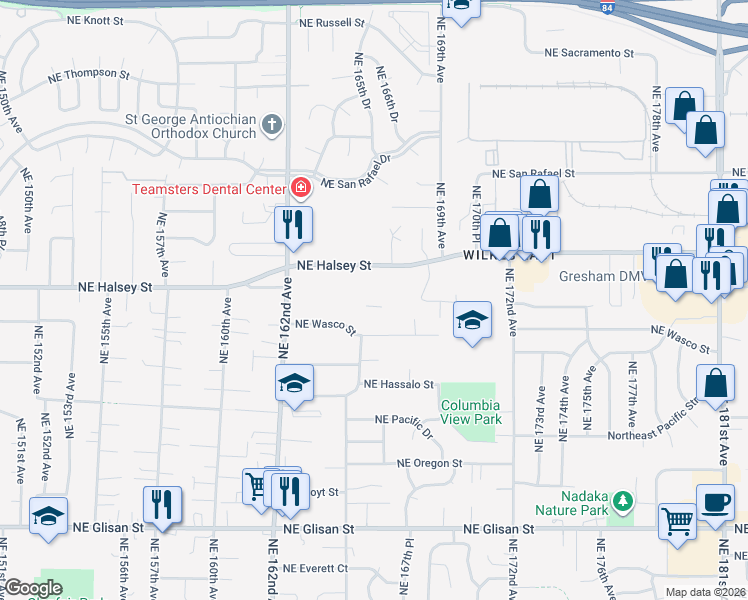 map of restaurants, bars, coffee shops, grocery stores, and more near 16610 Northeast Halsey Street in Portland