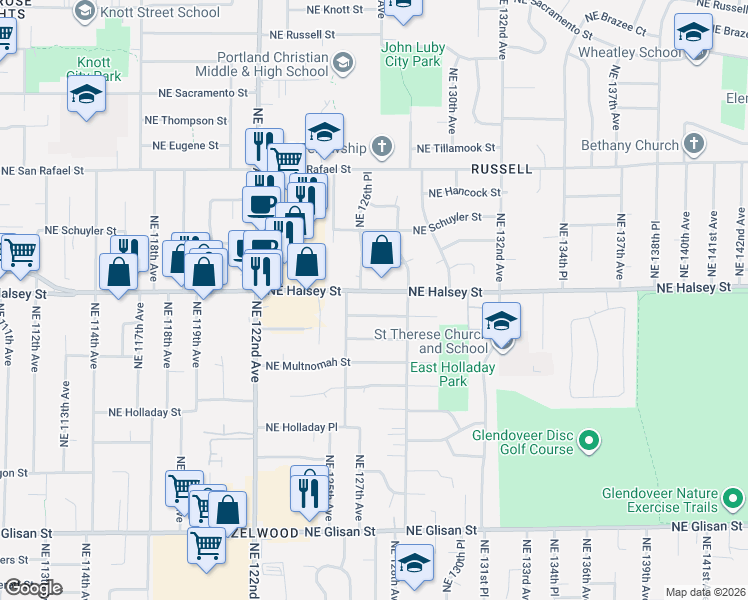 map of restaurants, bars, coffee shops, grocery stores, and more near 12672 Northeast Weidler Street in Portland
