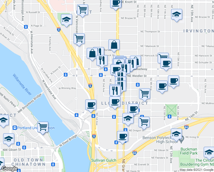 map of restaurants, bars, coffee shops, grocery stores, and more near 310 Northeast Weidler Street in Portland