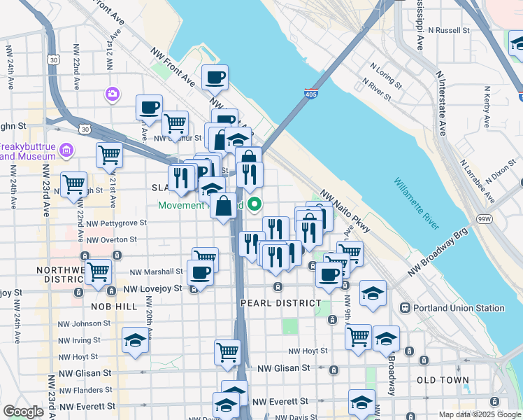 map of restaurants, bars, coffee shops, grocery stores, and more near in Portland