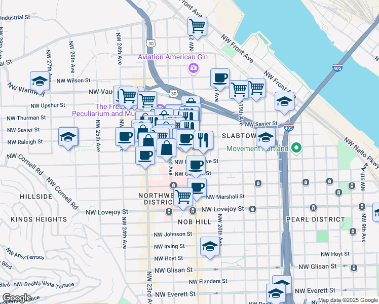 map of restaurants, bars, coffee shops, grocery stores, and more near 2170 Northwest Raleigh Street in Portland