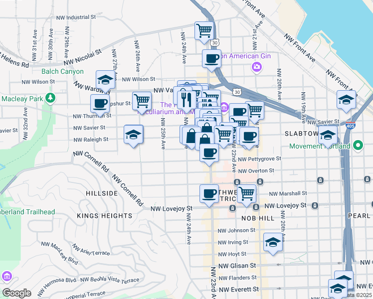 map of restaurants, bars, coffee shops, grocery stores, and more near 2434 Northwest Raleigh Street in Portland
