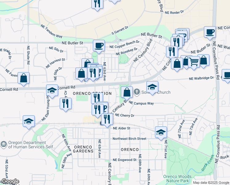 map of restaurants, bars, coffee shops, grocery stores, and more near 402 Northeast Cornell Road in Hillsboro