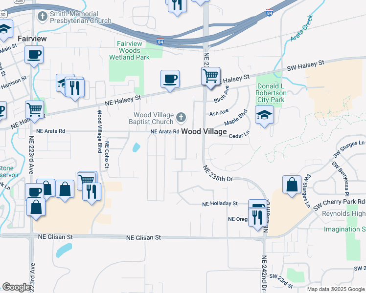 map of restaurants, bars, coffee shops, grocery stores, and more near 1571 Northeast 236th Avenue in Wood Village