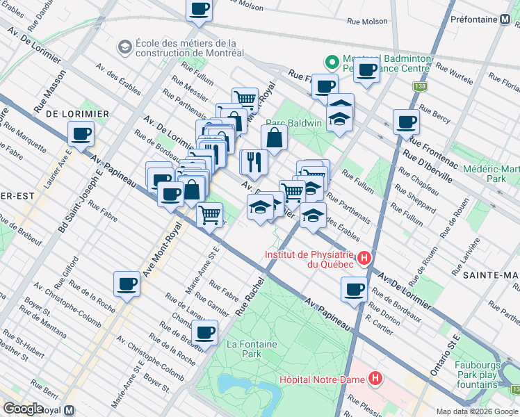 map of restaurants, bars, coffee shops, grocery stores, and more near 4317 Rue de Bordeaux in Montréal
