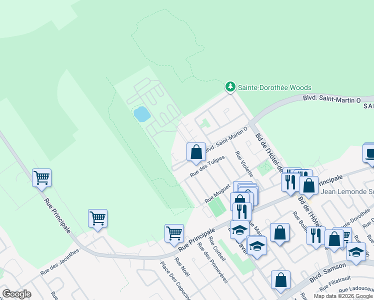 map of restaurants, bars, coffee shops, grocery stores, and more near 7755 Boulevard Saint-Martin Ouest in Laval