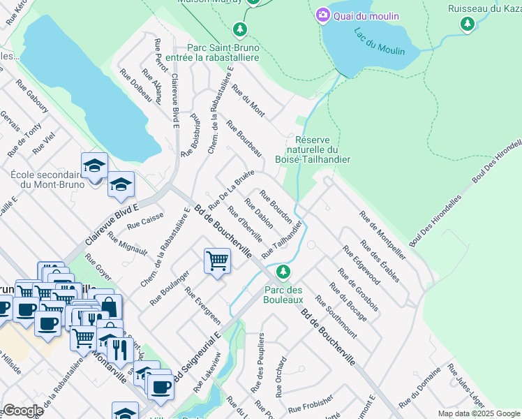 map of restaurants, bars, coffee shops, grocery stores, and more near 1588 Rue Dablon in Saint-Bruno-de-Montarville