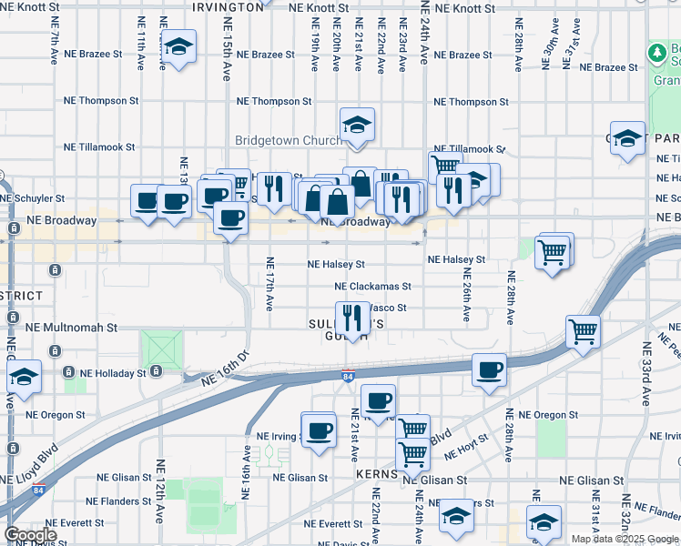 map of restaurants, bars, coffee shops, grocery stores, and more near 1431 Northeast 21st Avenue in Portland