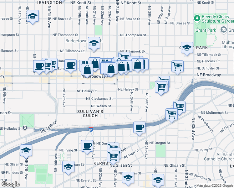 map of restaurants, bars, coffee shops, grocery stores, and more near 1608 Northeast Halsey St-Clackamas Street Alley in Portland