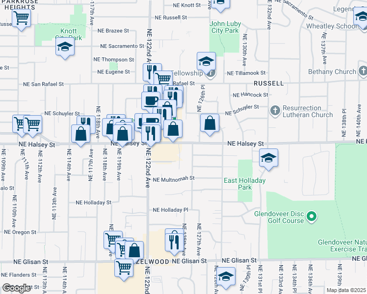 map of restaurants, bars, coffee shops, grocery stores, and more near 12505 Northeast Halsey Street in Portland