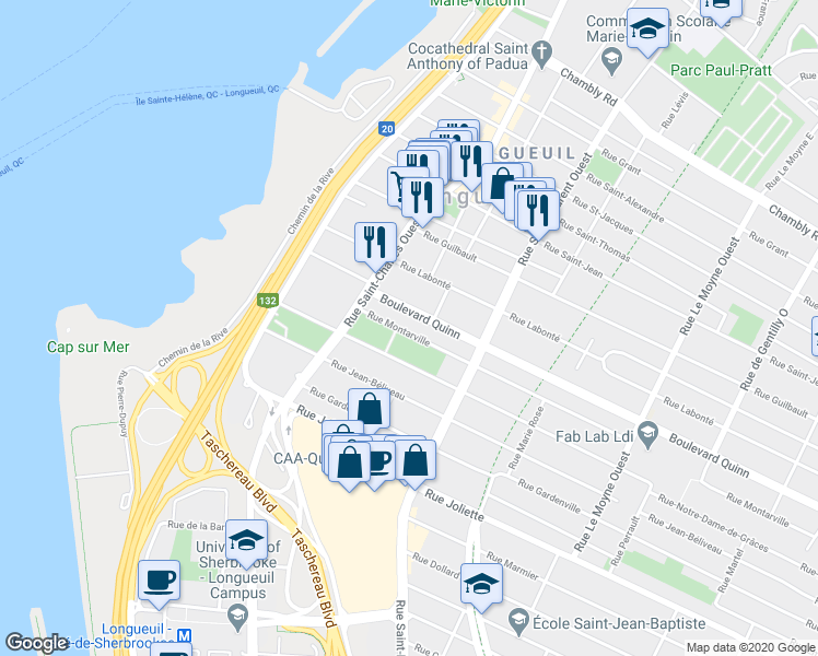 map of restaurants, bars, coffee shops, grocery stores, and more near 195 Rue Montarville in Longueuil