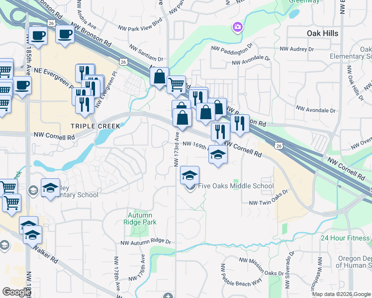 map of restaurants, bars, coffee shops, grocery stores, and more near 1870 Northwest 173rd Avenue in Beaverton