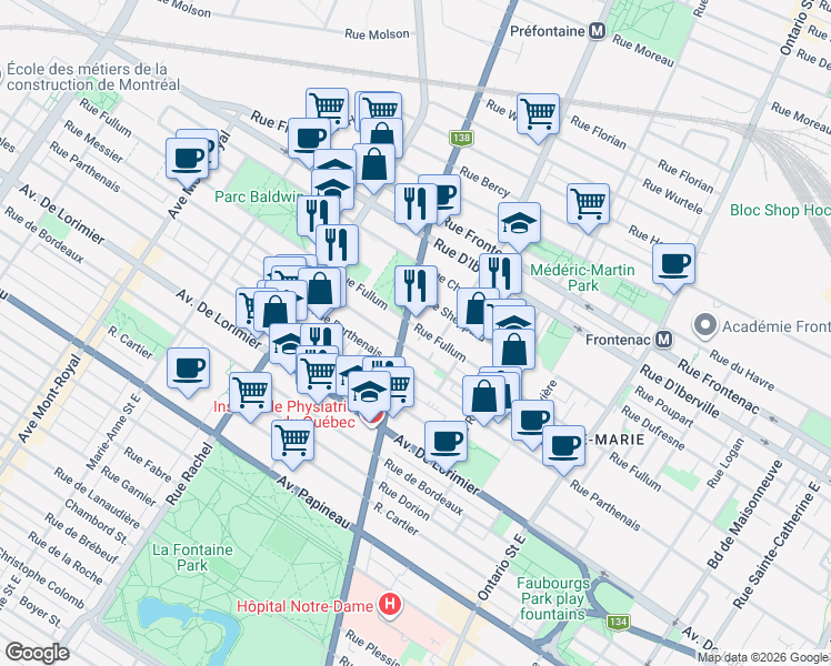 map of restaurants, bars, coffee shops, grocery stores, and more near 2290 Rue Sherbrooke Est in Estate