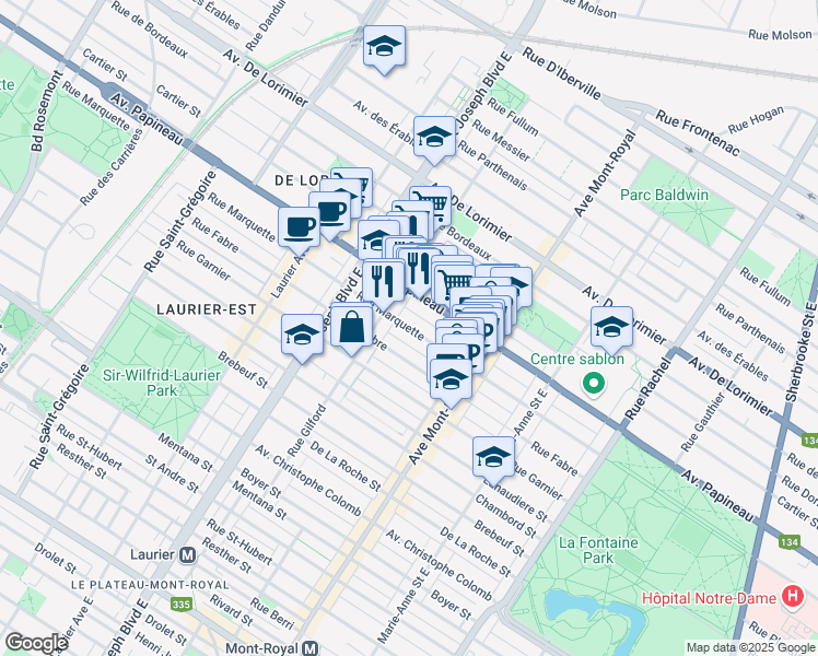 map of restaurants, bars, coffee shops, grocery stores, and more near in Montreal