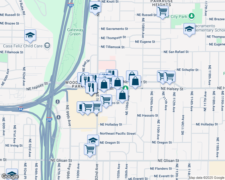 map of restaurants, bars, coffee shops, grocery stores, and more near 10346 Northeast Halsey Street in Portland