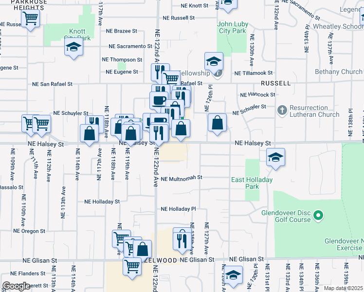 map of restaurants, bars, coffee shops, grocery stores, and more near 12505 Northeast Halsey Street in Portland