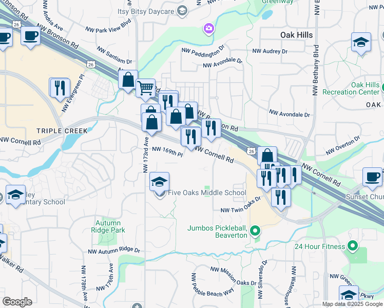 map of restaurants, bars, coffee shops, grocery stores, and more near 17117 Northwest Cornell Road in Beaverton
