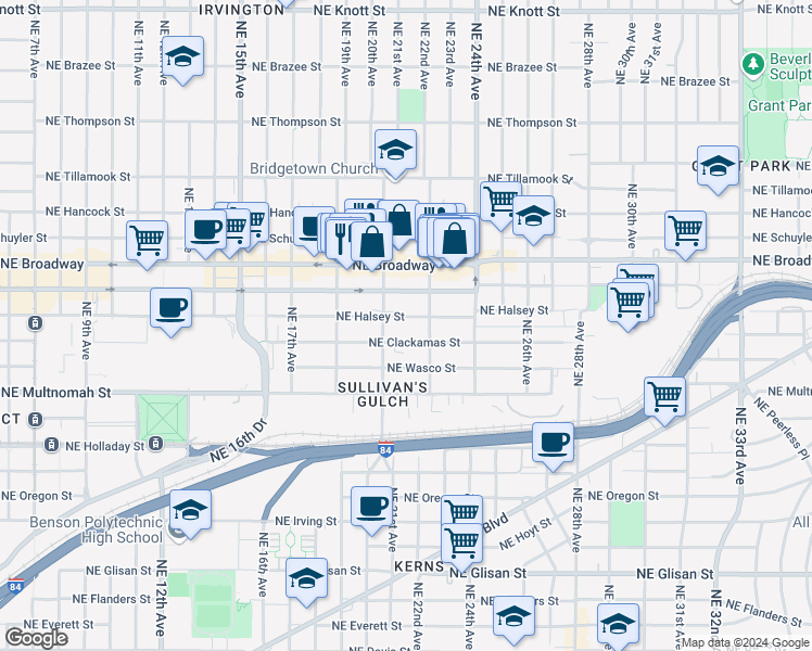 map of restaurants, bars, coffee shops, grocery stores, and more near 2138 Northeast Halsey Street in Portland