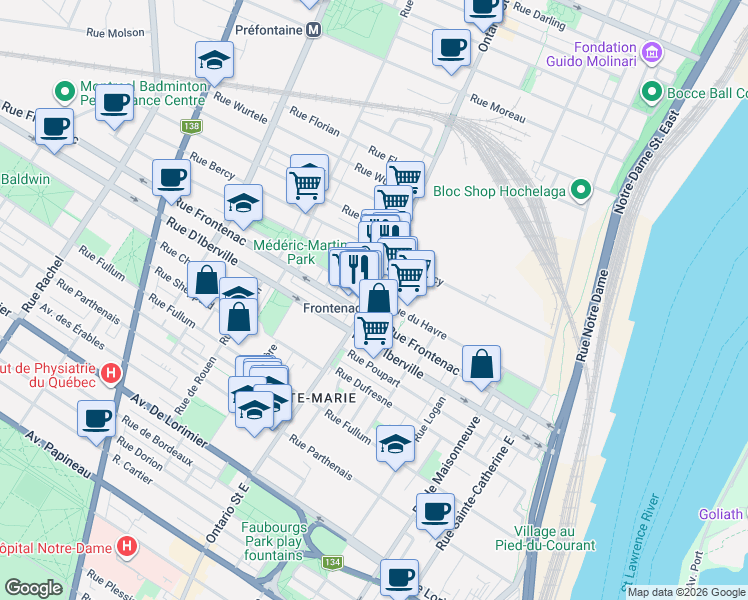 map of restaurants, bars, coffee shops, grocery stores, and more near 1971 Rue du Havre in Montréal