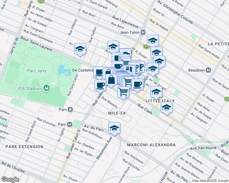 map of restaurants, bars, coffee shops, grocery stores, and more near 7122 Rue Clark in Montréal