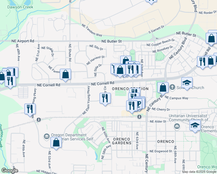 map of restaurants, bars, coffee shops, grocery stores, and more near 5934 Northeast Ray Circle in Hillsboro