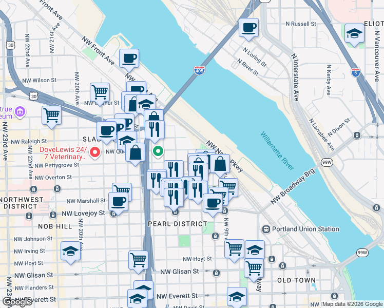 map of restaurants, bars, coffee shops, grocery stores, and more near 1150 Northwest Quimby Street in Portland