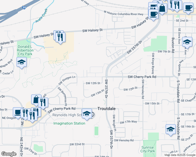 map of restaurants, bars, coffee shops, grocery stores, and more near 1174 Southwest 12th Court in Troutdale