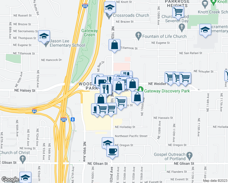 map of restaurants, bars, coffee shops, grocery stores, and more near 10200 Northeast Halsey Street in Portland