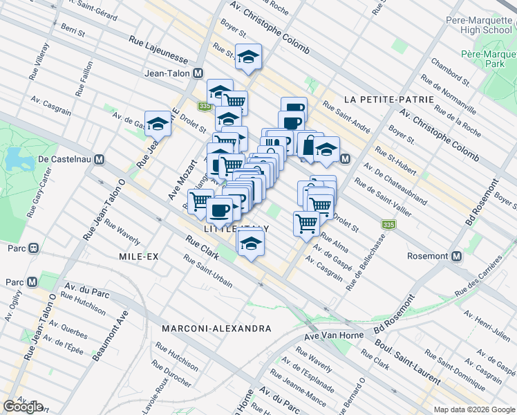 map of restaurants, bars, coffee shops, grocery stores, and more near 6695 Avenue de Gaspé in Montréal