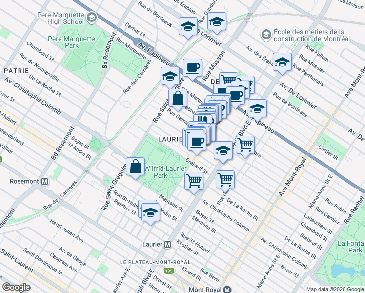 map of restaurants, bars, coffee shops, grocery stores, and more near 5182 Rue Chambord in Montréal