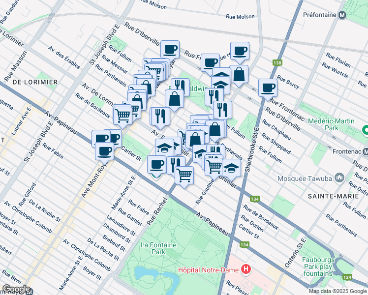 map of restaurants, bars, coffee shops, grocery stores, and more near 4251 Avenue de Lorimier in Montréal