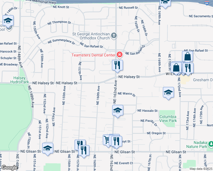 map of restaurants, bars, coffee shops, grocery stores, and more near 16045 Northeast Halsey Street in Portland