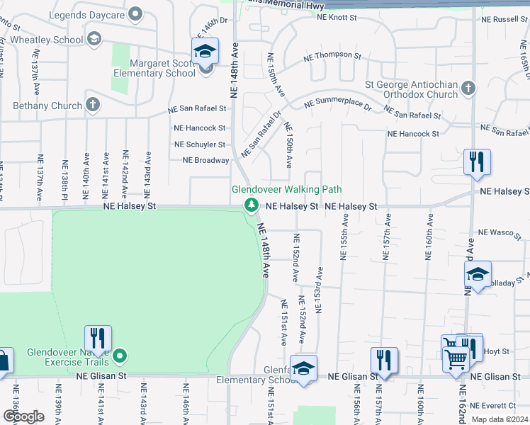 map of restaurants, bars, coffee shops, grocery stores, and more near 15000 Northeast Halsey Street in Portland