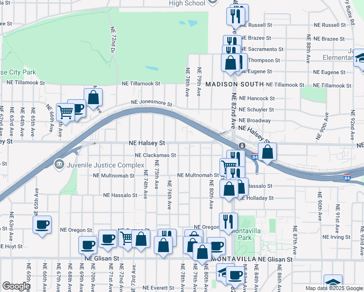 map of restaurants, bars, coffee shops, grocery stores, and more near 7805 Northeast Halsey Street in Portland