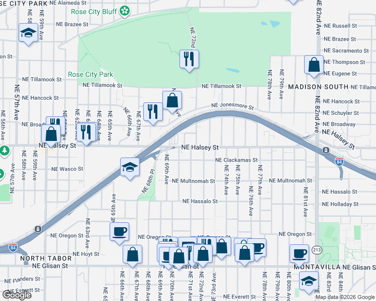 map of restaurants, bars, coffee shops, grocery stores, and more near 1526 Northeast 71st Avenue in Portland