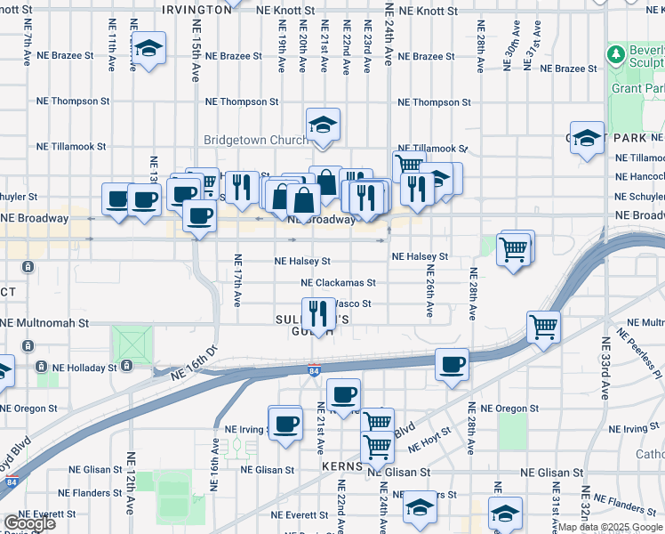 map of restaurants, bars, coffee shops, grocery stores, and more near 1532 Northeast 21st Avenue in Portland