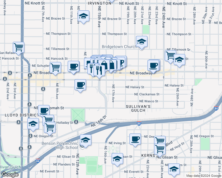 map of restaurants, bars, coffee shops, grocery stores, and more near in Portland