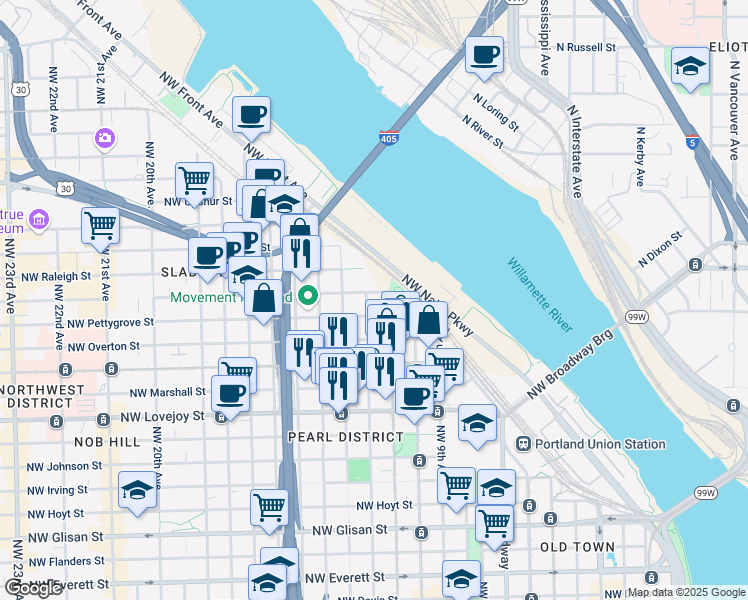 map of restaurants, bars, coffee shops, grocery stores, and more near 1150 Northwest Quimby Street in Portland