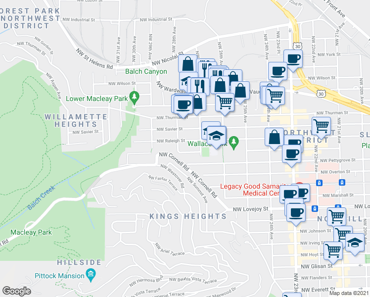 map of restaurants, bars, coffee shops, grocery stores, and more near 2735 Northwest Raleigh Street in Portland