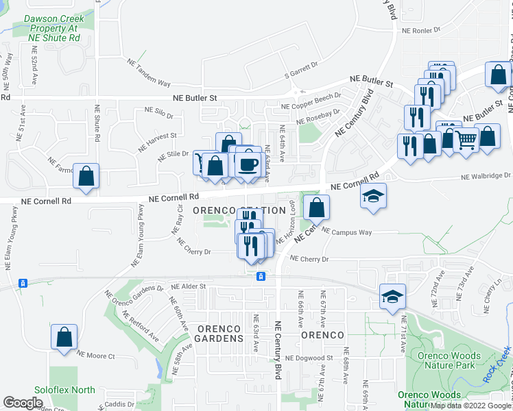 map of restaurants, bars, coffee shops, grocery stores, and more near 6243 Northeast 63rd Way in Hillsboro