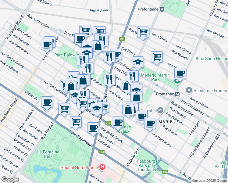 map of restaurants, bars, coffee shops, grocery stores, and more near 2515 Rue Fullum in Montréal