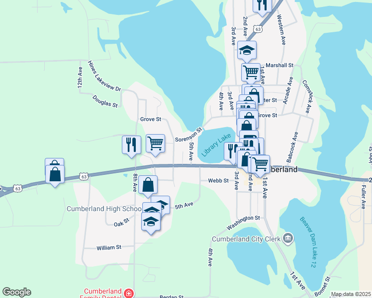 map of restaurants, bars, coffee shops, grocery stores, and more near 1285 5th Avenue in Cumberland