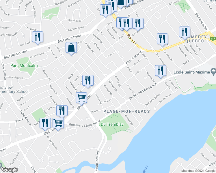 map of restaurants, bars, coffee shops, grocery stores, and more near 361 90e Av in Laval